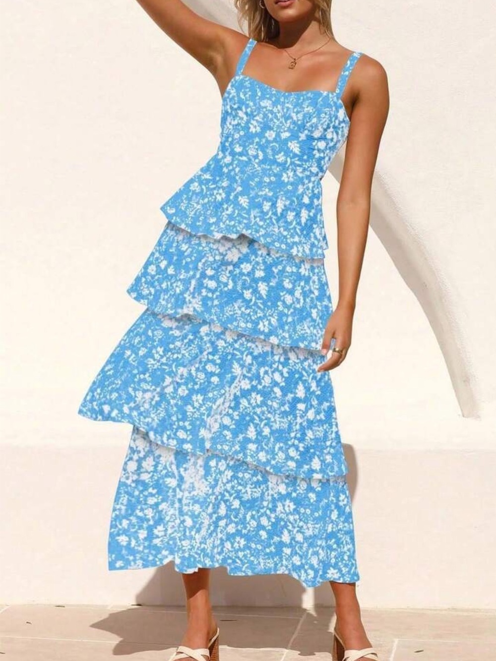 Blue Floral Tiered Maxi Dress with Spaghetti Straps